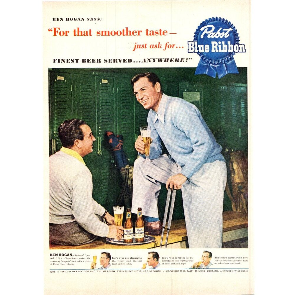 1950 Pabst Blue Ribbon Beer PBR Vintage Print Ad Golf Clubhouse 19th Hole Art
